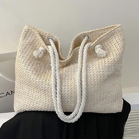 Large Tote Straw Bag Beige Lined Rope Handles - Picture 1 of 6